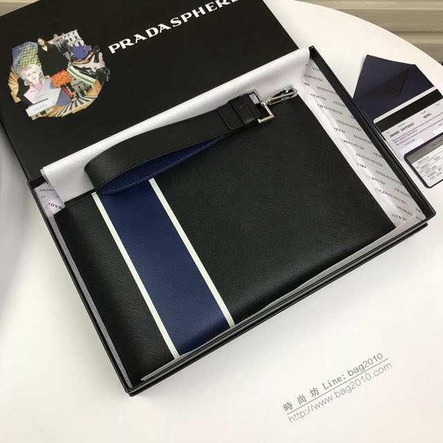 prada手包 普拉達新款皮革手拿包 2NH005 PRADA十字紋牛皮黑+藍手拿包  pyd2245
